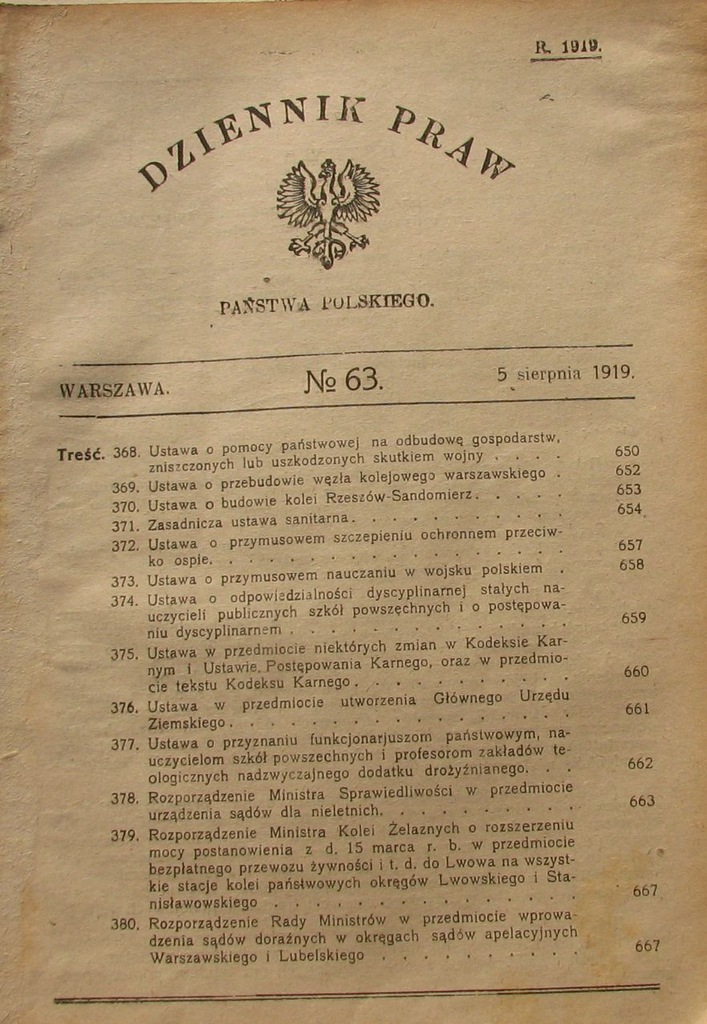 USTAWA SANITARNA .O PRZYMUSOWEM SZCZEPIENIU .1919