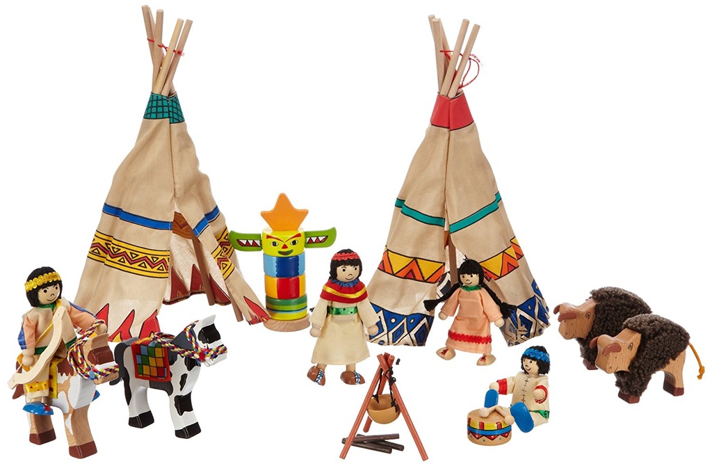A504 GOKI Drewniany obóz indiański z figurkami okJ
