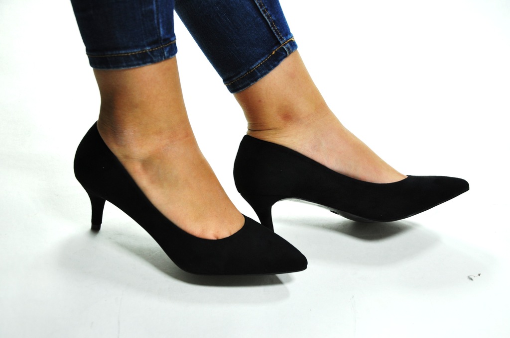 Szpilki czarne zamsz nskie 6 cm szpic 38