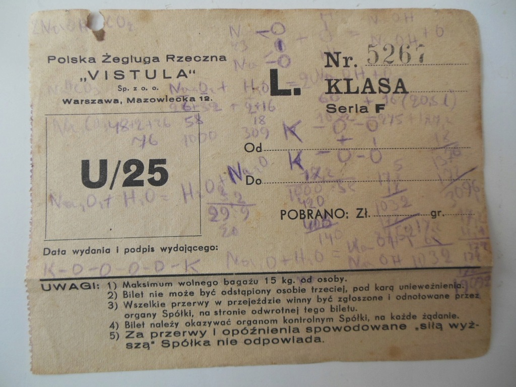 Bilet P.Ż.RZ 'VISTULA' WARSZAWA