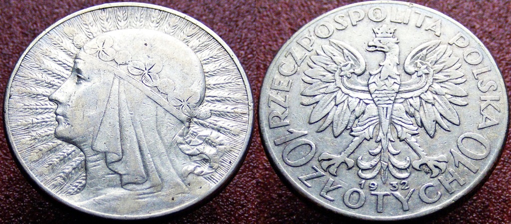 10 ZŁ GŁOWA KOBIETY 1932 ZM SREBRO Ag