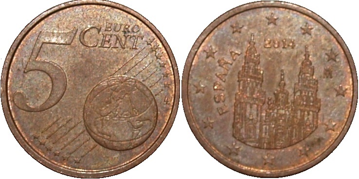 5 centów 2014 r. Euro-Hiszpania (cena = 70 groszy)