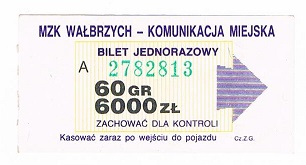 Bilet MZK  z Wałbrzycha za 60 gr 6000 zł  