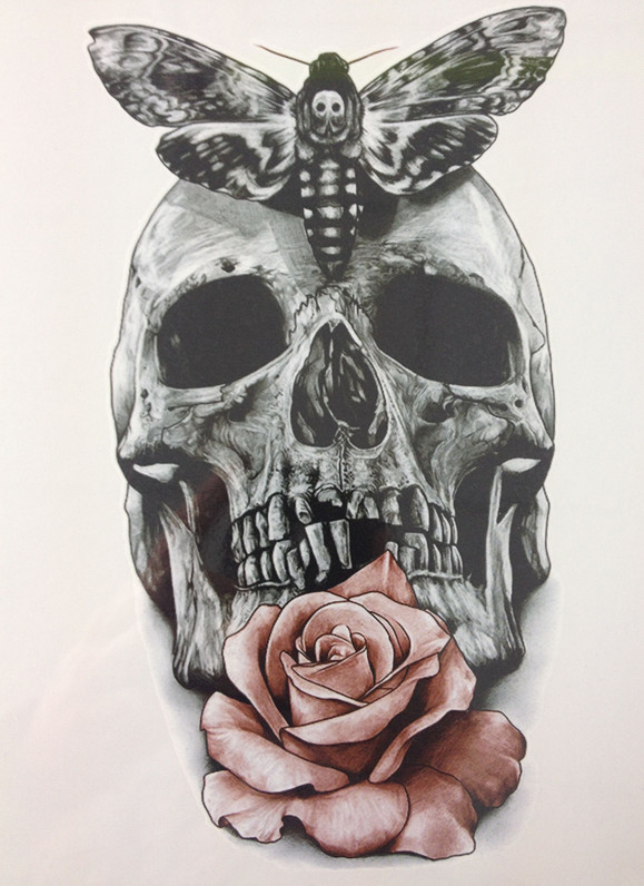 Tatuaz zmywalny 3D czaszka róża, ćma trupia główka