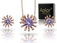 Fioletowy Kwiatuszek Komplet Kr. Swarovski Bloom Kwiatek łańcuszek PUDEŁKO