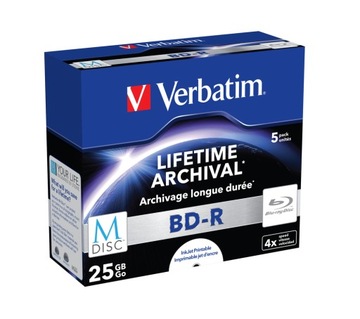 VERBATIM M-DISC BD-R, 25 ГБ, упаковка из 5 шт. для печати, для архивирования