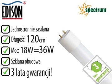 Świetlówka LED 18W=36W T8 120cm CIEPŁA 3000K 3l gw