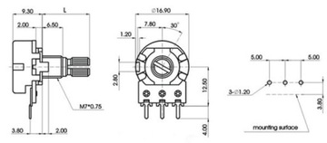 Линейный поворотный потенциометр 500R 500 Ом (0140