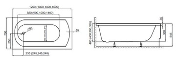 POLIMAT CLASSIC прямоугольная ванна 130x70 экран