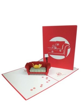 Kot on red sofa kartka3d for a gift acknowledgments birthday day child, фото