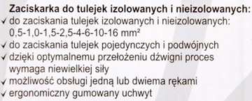 ZACISKARKA PRASKA TULEJEK KOŃCÓWEK KABLI 0,5-16mm2