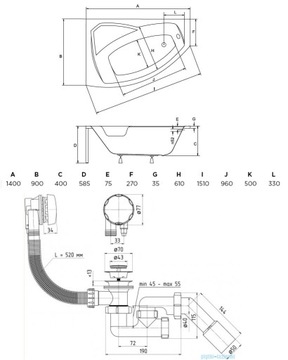 Ванна Besco Rima 140x90 левая + КОРПУС + ПОДГОЛОВНИК + SYFO