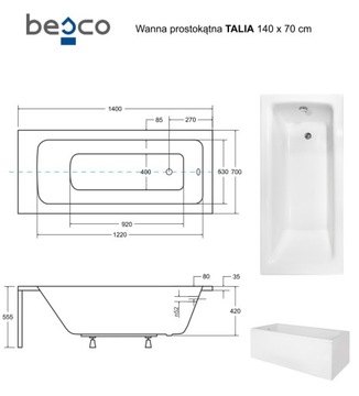 Ванна Talia 140х70 для облицовки плиткой Besco