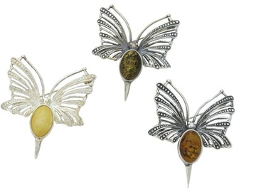 Srebrna broszka motyl owad bursztyn 3 kolory