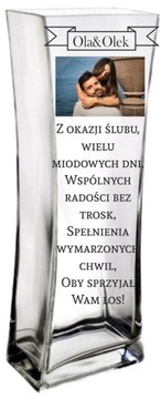Элегантная ваза с принтом, БОЛЬШАЯ ТОЛСТАЯ СТЕКЛЯННАЯ подарочная С ПОСВЯЩЕНИЕМ, ГРАВИРОВКА