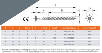 Шурупы для дерева 5х70 200 шт, нержавеющая сталь С1