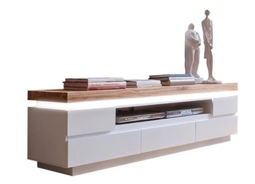 Szafka RTV stolik pod TV biała lakier matowy blat drewniany LED 175x49 Rome
