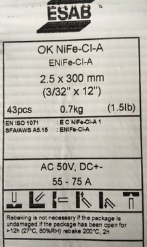 Электрод ESAB для чугуна 2,5х300 мм Ok NiFe-Cl-A