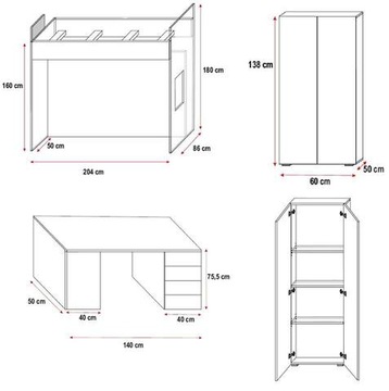 Комплект мебели RAJ 4S, шкаф, письменный стол, кровать + каркас