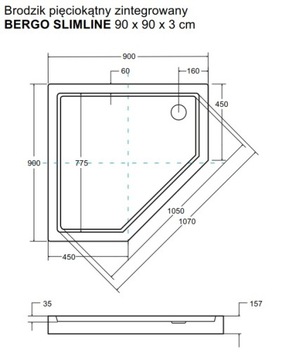 BERGO душевой поддон пятиугольный 5-сторонний 90x90