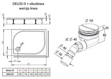 BRODZIK PŁYTKI RADAWAY DELOS D 80x75 LEWY+OBUD+SY