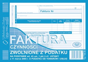 Faktura czynności zwolnione z podatku VAT oryginał + 1 kopia 80k. A5 198-3E