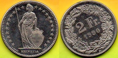 SZWAJCARIA 2 Franc 1990 r.