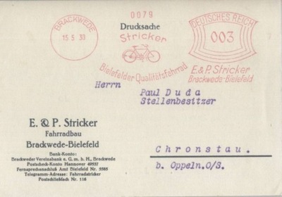 Rzesza karta rower1930'frankatura Chronstau RRR!