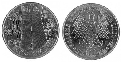10 złotych (1964) - Kazimierz Wielki Napis Wklęsły