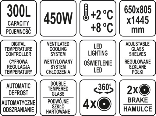 WITRYNA SZAFA CHŁODNICZA CHŁODZIARKA 300L LED KOŁA