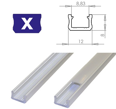 Алюминиевый профиль для светодиодных лент, Анодированное серебро, Тип Х 1М