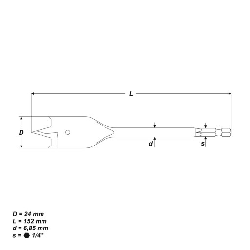 Лопаточное сверло по дереву, 24 x 152 мм.