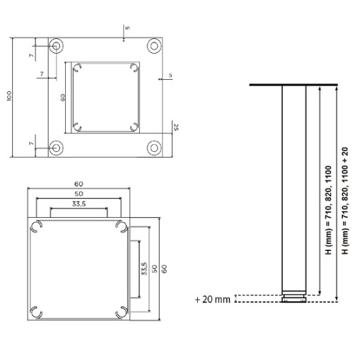 ALUMINIOWA NOGA DO STOŁU 60x60x820mm ELEKTROPOLER