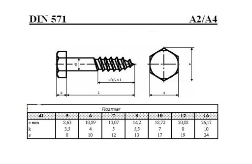 10X80 Шуруп по дереву из нержавеющей стали DIN 571 A2 6-гранный