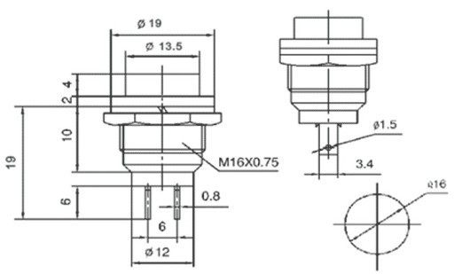 Paulted Button 16 мм синий 3A 125V