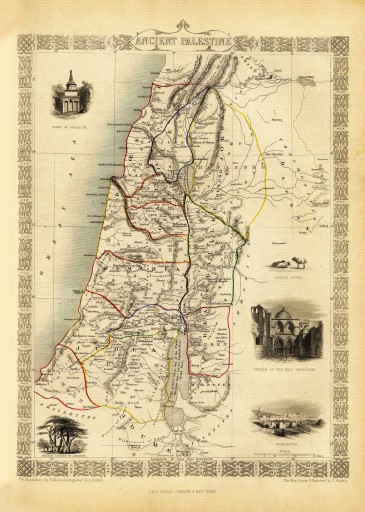 Antyczna PALESTYNA mapa ilustrowana 1851 r. płótno