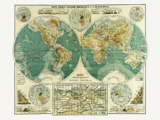 КАРТА МИРА и морских течений БАЗЕВИЧ 1921 г.