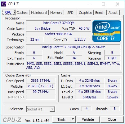 Intel i7-3740QM SR0UV до 3,7 ГГц 4 ядра 8 потоков