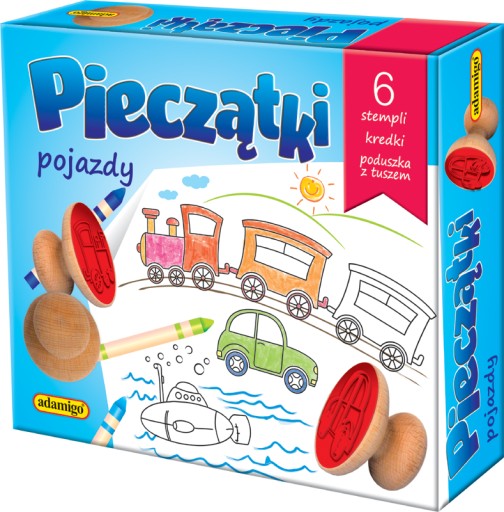 PIECZĄTKI STEMPLE POJAZDY 6 STEMPLI + 12 KREDEK