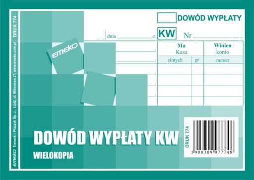 KW Dowód wypłaty DRUK zielony EMEKO A6 774 ŁÓDŹ