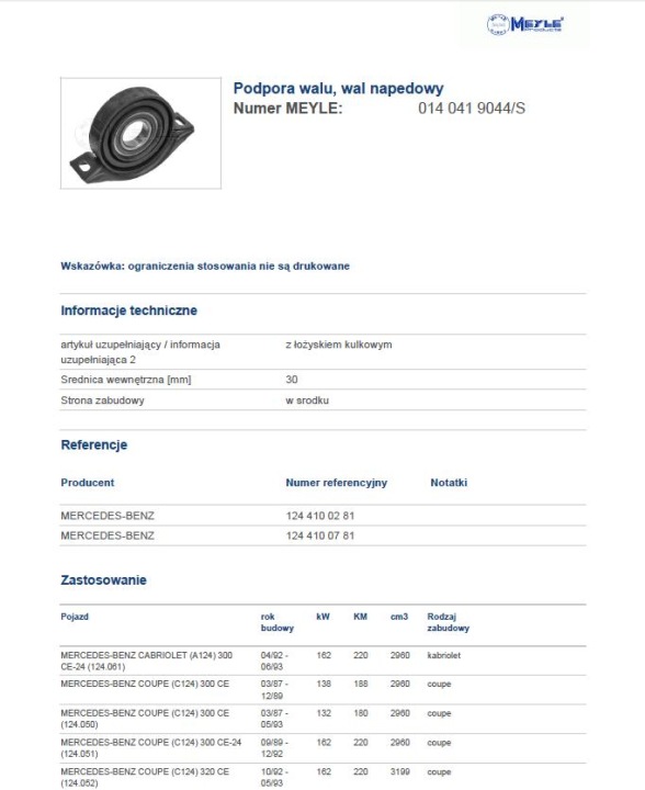 MEYLE SUPPORT ARBRE BMW 3/5/Z4 1,6-3,0 95-07 AVEC ROULEMENT