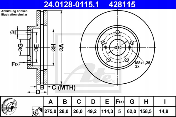 2× ATE 24.0128-0115.1 DISQUE DE FREIN + ATE 13.0460-5891.2 COMPLET DE SABOTS DE FREIN HAMULCOWYCH, FREINS TARCZOWE photo 2 - milautoparts-fr.ukrlive.com